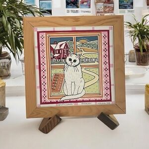 Vintage Sigma the Tastesetter Framed White Cat By Andrea West Wall Tile 1983 7"